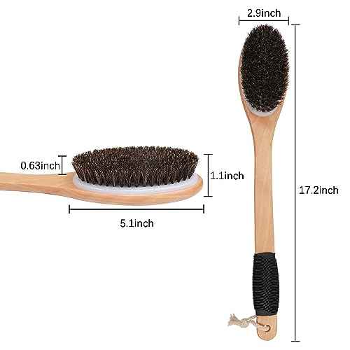 OWIIZI Horsehair Bath Brush Wooden Curved Long Handle Antiskid Shower Brush for Exfoliating, Natural Mane Scrubber for Back Use Wet or Dry,Back Scrub Deep Cleanse-17.2inches
