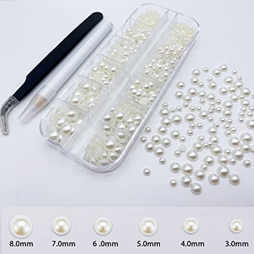 Nail Pearls Rhinestones for Nail Art,Clear Nail Gems Diamonds and AB Nail Crystals,Beige Flat Pearls for Nails,Nail Beads Supplies Accessories Stuff for Nail Tech,Craft DIY Pearl with Wax Pen Tweezers