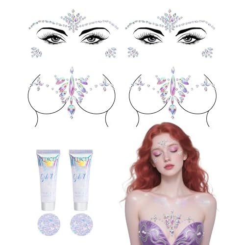 Wehhbtye 6 Pcs Mermaid Glitter Face and Chest Gems, Rhinestone Chest Jewels Face Sticker with Body Glitter, Festival Rave Body Crystal Tattoo for Halloween Costume Themd Party Makeup