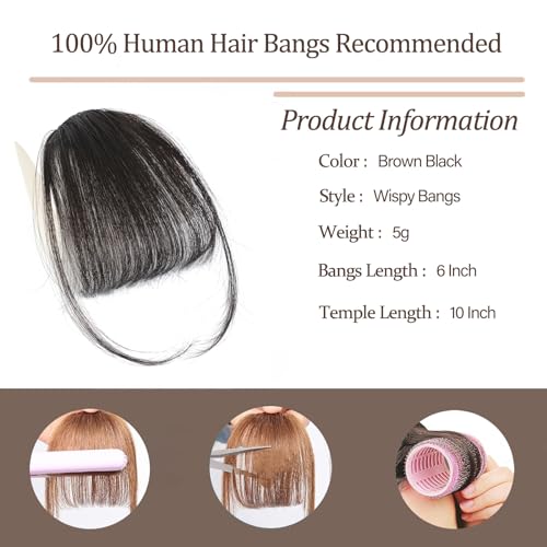 Human Hair Clip-In Bangs for Women - Wispy & Natural Look, Brown/Black