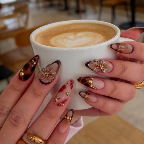 Press On Nails Medium Almond Leopard Gold Flower 24pcs