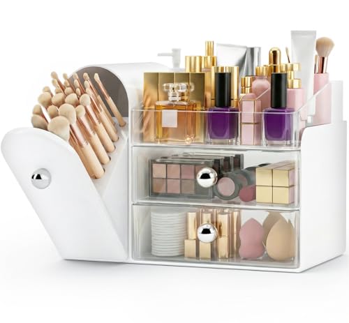 Makeup Organizer with Brush Holder & 3 Clear Drawers