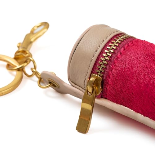 Cockatoo Nappa Leaeher Zipper Lipstick Case with Keyring Chapstick Holder Keychain