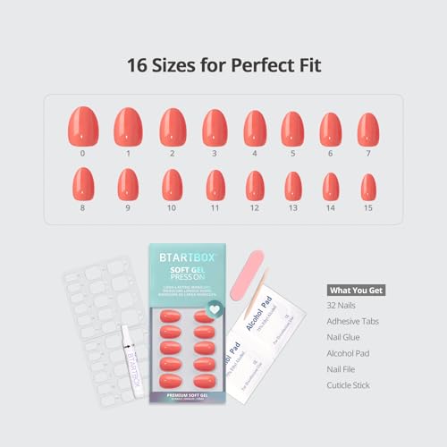 BTArtbox Press on Nails, Extra Short Almond Orange 32Pcs Full Kit