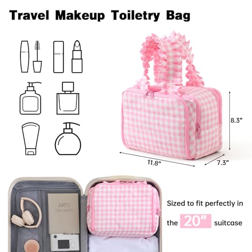Travel Toiletry Bag for Women - Water-Resistant Gingham Makeup Organizer