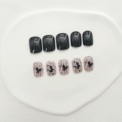 Press on Nails Short White French Tip Fake Nails Square False Nails with Straight Lines Designs Pink Full Cover Acrylic Nails Glossy & Gold Glitter Glue on Nails for Women 24Pcs