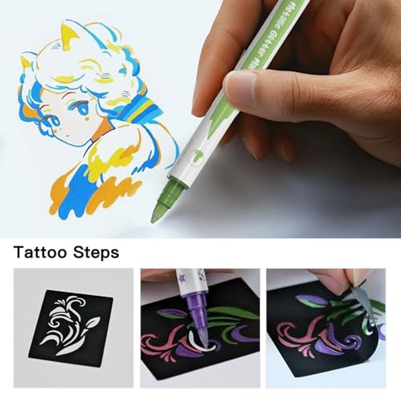 Temporary Tattoo Markers for Skin, Skin-Safe Dual-End Temporary Tattoo Pen,10 Colors Body Marker Pen & Tattoo Stencils for Body and Face Paint N201130