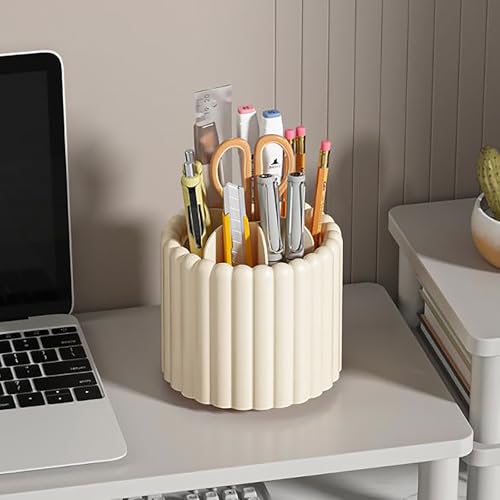 Rotating Makeup Brush Holder Organizer - 7 Slots, Beige