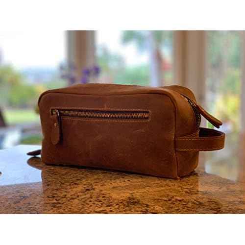 Calissimo Genuine Leather Toiletry Travel Tote Bag - Dopp Kit - Shaving Kit.