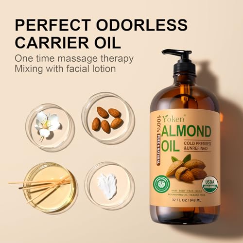Organic Almond Oil 32 fl oz 100% USDA Pure Cold Pressed Glass Bottle Almond Oils for Skin, Hair, Face, Body Moisturizer, Smooth and Soft Skin, Base Carrier Oil for DIY, Massage