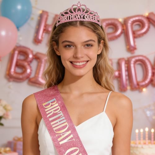 Pink Birthday Queen Tiara and Sash Set with Rhinestones