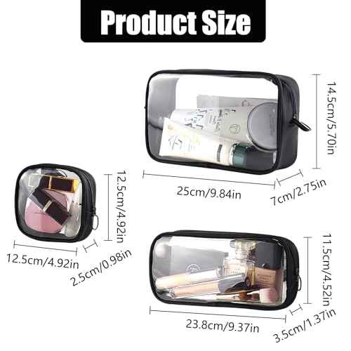 Clear TSA Approved Toiletry Bag Set - 3 Pack (Large, Small and Mini) Clear Cosmetic Bag with Zipper, Quart Size Travel Essentials Organizer Perfect for Carry-On Luggage (TPU-3LSM-Black)