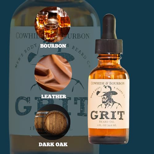 GRIT Cowhide & Bourbon Premium Beard Oil (1 Fl oz) | Coconut Oil, Vitamin E | Beard Oil for Grooming | Hydrating Conditioning Oils | Softens Brittle & Dry Facial Hair |