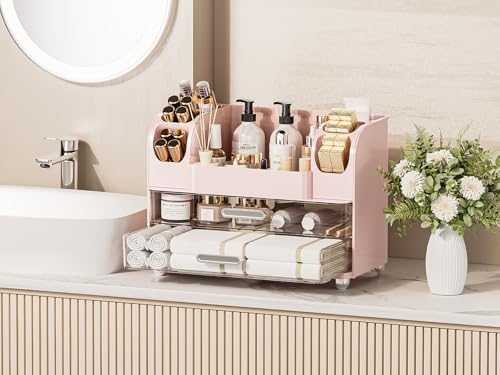 Delamu Pink Large Makeup Organizer with 6 Brush Holders Countertop Storage