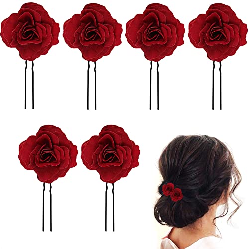 6Pcs Small Red Rose Hair Clip - Large Bobby Pins for Thick Hair Flower Pins Wedding Hair Accessories for Women - Rose Flower Hair Clips for Women's Hair Accessories Bridal Hair Pieces for Wedding