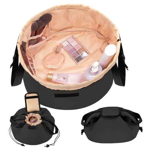 Barrel Drawstring Makeup Bag Large Travel Makeup Bag,Portable Large Capacity Cosmetic Bag Toiletry Organizer for Travel Accessories Make Up Essentials and Hair Product,Gifts (Black)