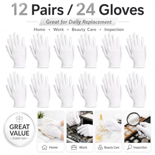 White Cloth Inspection Gloves, 12 Pairs - Soft Breathable Stretch (Size L)