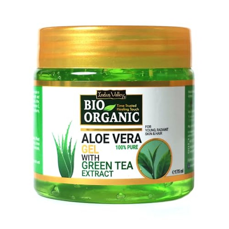 INDUS VALLEY Bio Organic Pure Multipurpose Aloe Vera Gel With Green Tea Extract For Face, Body & Hair, Suitable to All Skin Type - 175ml, Ideal for Skin, Scalp, & Hair Hydration, Moisturizer