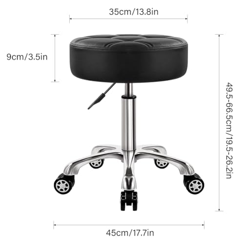 Heavy Duty Rolling Stool with Wheels Hydraulic Lift 360 Swivel Adjustable Rolling Chair Thick Leather Ergonomic Seat Stool Chair for Kitchen Drafting Lab Office Salon Massage Black
