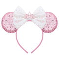 ODOCARE Handmade Mouse Ears Headband with Pink Glitter Crown and Polka Dot Bow for Women and Girls - Costume Accessory