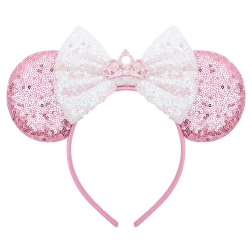 ODOCARE Handmade Mouse Ears Headband with Pink Glitter Crown and Polka Dot Bow for Women and Girls - Costume Accessory