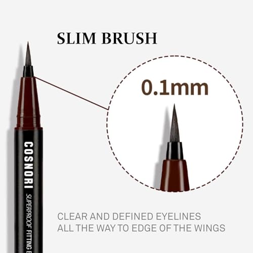 COSNORI Superproof Brush Eyeliner 02 Black Brown - 24h Pen Eyeliner ? Super Slim Lasting Liquid Eye Liner - Smudge, Budge Resistant Wear ? Allergen Free - 0.02 fl.oz.