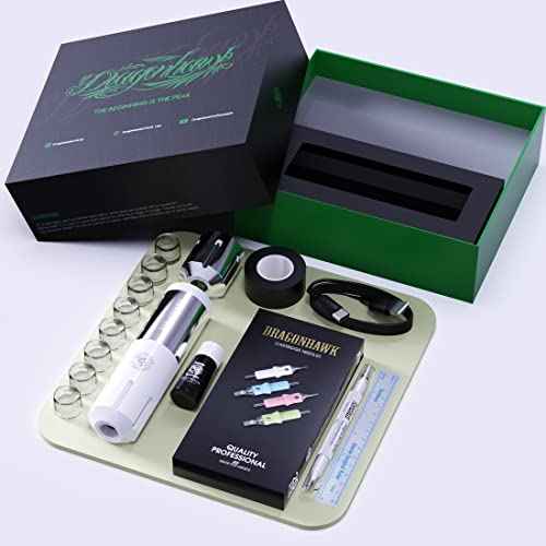 Dragonhawk Tattoo Kit Rotary Cordless S1 Plus Pen Gun Machine 10Pcs Needles Cartridges Black Ink for Beginners Practice