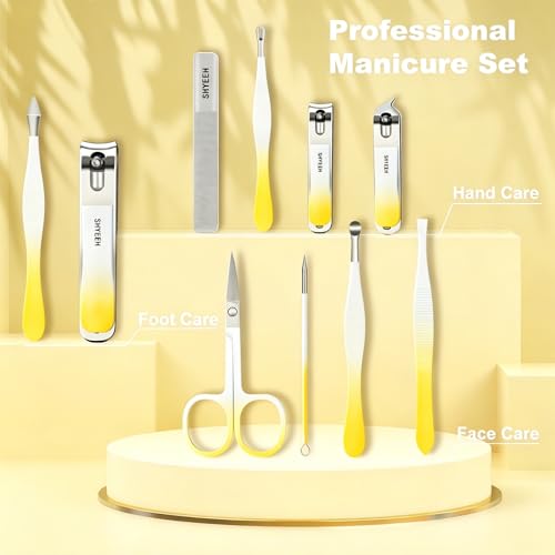 Yellow Manicure & Pedicure Kit with Leather Case - 10 High-Carbon Steel Nail Clippers