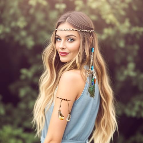 DOCILA Feather Headband Wrist Bands Set Women Boho 60s 70s Outfits Hippie Hairband Bracelets Indian Pocahontas Costume Hair Accessories