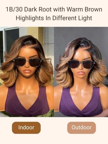 Ombre Brown Wavy Bob Wig 14 Inch with Blonde Face Framing Highlights Nadula 7x5 HD Lace Drawstring Human Hair — Pre-Plucked, Glueless, No Slip, Ready to Wear