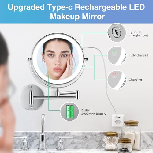 20X/1X Wall Mounted Lighted Makeup Mirror with Light, 8.5'' Double Sided Rechargeable Magnifying Bathroom Mirror, 3 Color Lights Touch Dimmable Extended Arm 360 Rotation Light up Magnification Mirrors