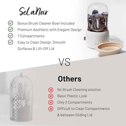 Rotating Makeup Brush Holder with Lid ? Dustproof Vanity Organizer for Makeup Brushes, Bonus Foldable Makeup Brush Cleaner Bowl Included, Elegant White Storage Solution