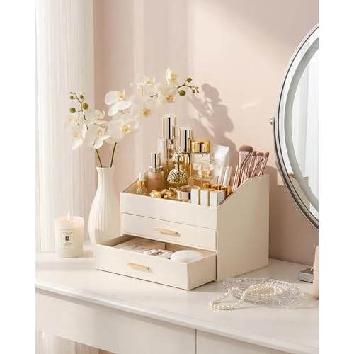 Lolalet Makeup Organizer for Vanity Desk, 3-Layer PU Leather Luxury Make Up Storage Cosmetics Holder Box with Drawers -Cream