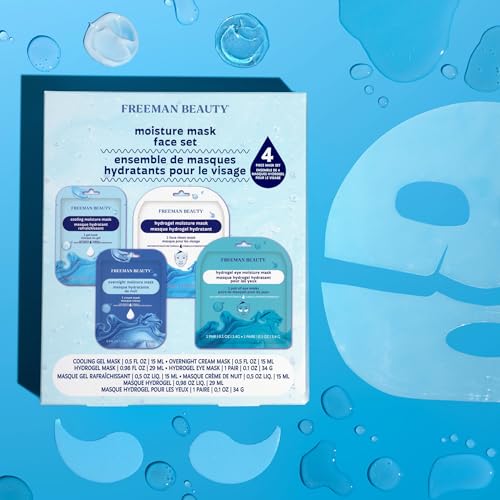 Freeman 4 Piece Moisture Mask Face Set, Hydrating Face Masks & Under Eye Mask For Puffy Eyes, Hydrogel Masks For Dry Skin, Hyaluronic Acid, Travel-Friendly, Vegan & Cruelty Free Skincare