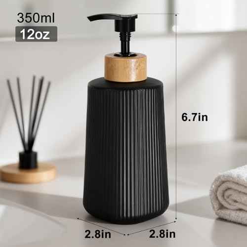 Black Glass Soap Dispenser, Thickened Glass Hand Soap Dispenser for Bathroom, Kitchen Dish Washing Liquid Bottles, Shampoo and Conditioner Bottles, Modern Farmhouse Style, (Black, Set of 1, 12oz)