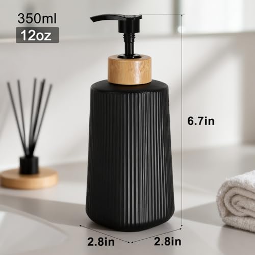 Glass Soap Dispenser, 12oz Modern Farmhouse Style with Bamboo Pump