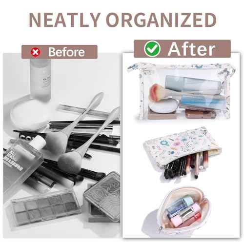 Richeart Makeup Bag, Clear Bag with Zipper, 3PC Floral Flowers Makeup Pouch, Waterproof Small Pouch, Portable Travel Toiletry Bag, C