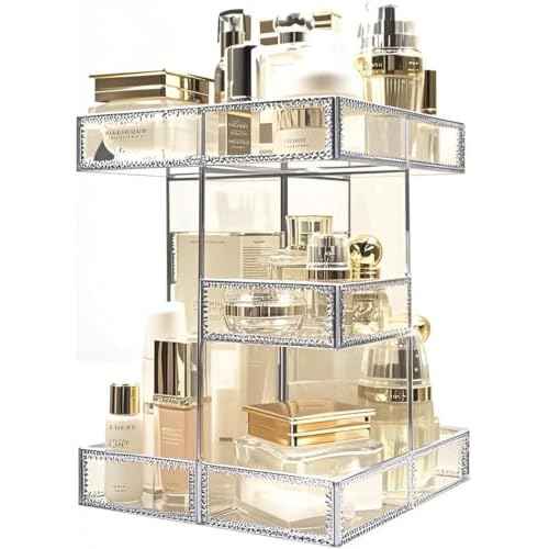 Hersoo 360 Degree Rotation Cosmetic Organizer -Premium Makeup Storage with Spin Base,Antique Countertop Cosmetic Storage,Large Capacity,Beauty Display for Countertop,Vanity or Bathroom (silver)