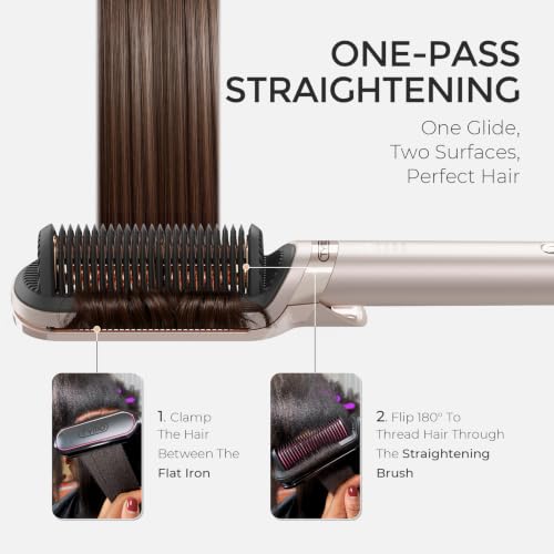 TYMO Flat Iron Hair Straightener Brush 2-in-1 Gold - Ionic Ceramic Hot Comb