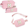 YOOLIFE Pink Initial Corduroy Makeup Bag & Belt Bag Crossbody Fanny Pack Personalized Gifts for Women Teen Girls