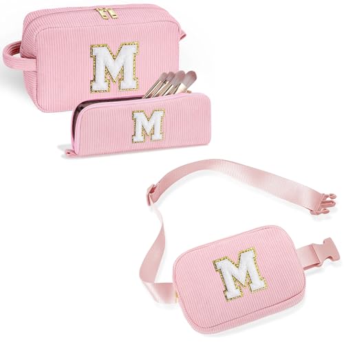 YOOLIFE Pink Initial Corduroy Makeup Bag & Belt Bag Crossbody Fanny Pack Personalized Gifts for Women Teen Girls