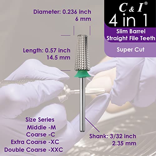 C & I Nail Drill Bit 4 in 1 Super Cut E-File, Multi-function plus Upgrade File-Teeth, Slim Barrel & Straight Cut, for Manicure Drill Machine, Help Nail Tech to Remove Nail Works (Coarse-C)