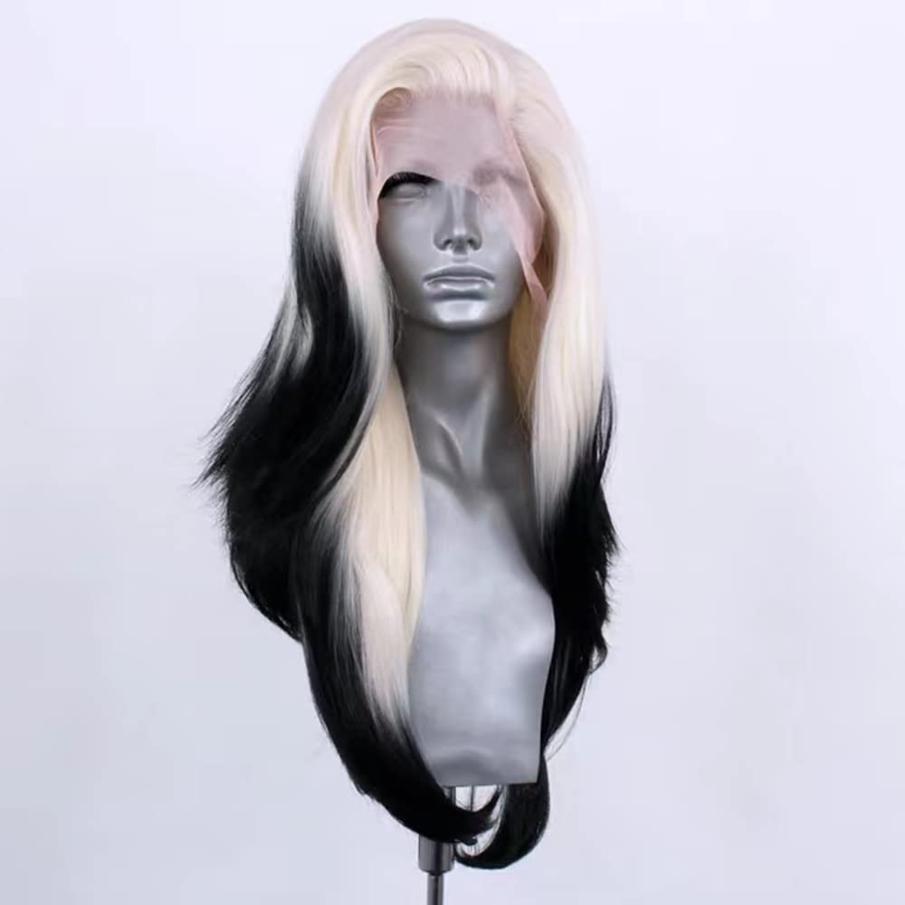 RONGDUOYI Ombre Color Synthetic Lace Front Wig for Women 13x4 Glueless Natural Straight Platinum Black Lace Wig Glueless Natural Hairline Synthetic Daily Wear Costume Party