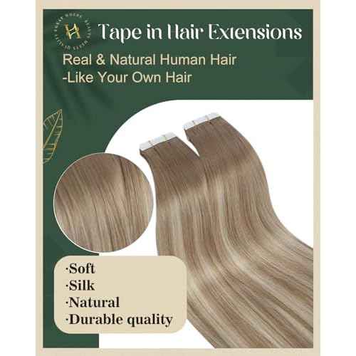 Ugeat Light Brown Tape in Hair Extensions Human Hair Blonde Ombre Tape in Human Hair Extensions Seamless Dark Ash Blonde Color No Damage to Natural Hair for Wedding 16Inch 20Pcs 50G