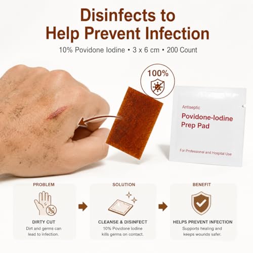 200 Pack Povidone Iodine Prep Pads - 10% Solution Individually Wrapped
