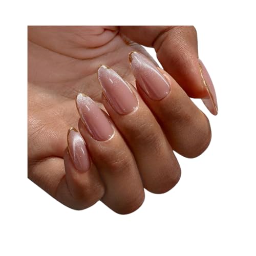 GelTech¢â Press-On Nails - "Golden Hour" | Nude Cateye Gold Metallic | Medium Almond, Soft Gel Nails | 30 Nails in 15 Sizes