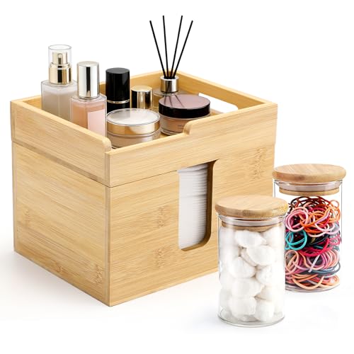 Bamboo Disposable Face Towel Holder with 2 Glass Jars - Open-Top Skincare Organizer for Facial Cleansing Wipes & Beauty Essentials - Bathroom Countertop Vanity Organizer