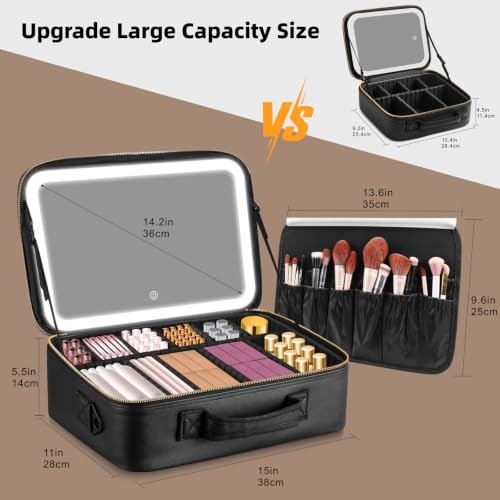 JJhxr 15''X11'' Large Capacity Makeup Bag with LED Mirror - Black, Adjustable Brightness