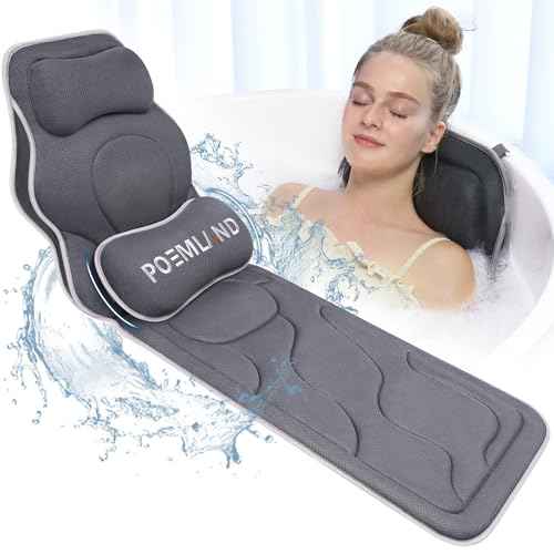 Full Body Bath Pillow for Tub - Extra Long & Thick Tub Pillow with Head, Back & Lumbar Support, 168 Non-Slip Suction Cups, Soft 5D Mesh Spa Cushion, Fits All Tubs-Gift for Soaking(Gray)