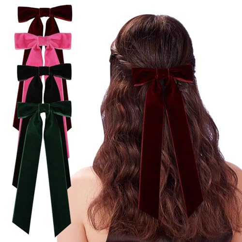 4Pack Velvet Hair Ties, Long Tail Hair Bows for Women Girls, Back to School Gifts Headdress Decor, Hair Band Set, Baby Teen Girl Stuff Hair Styling Accessories, Toddler Girl Cute Hair Clips